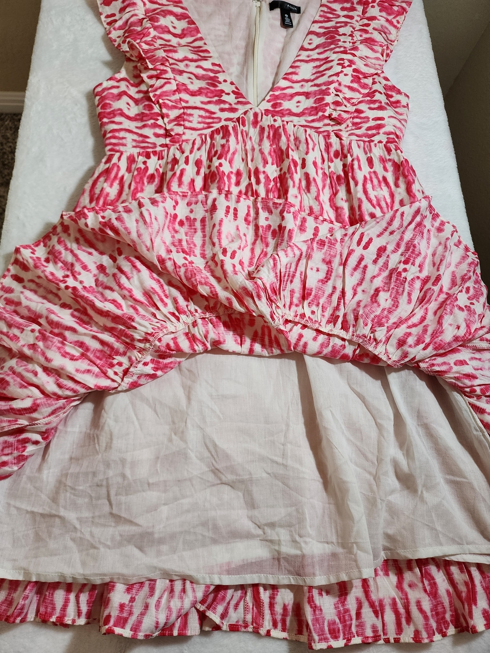 AQUA Pink White Ikat Print Tiered Mini Dress Ruffle Sleeve V-Neck Size M - Picture 8 of 12